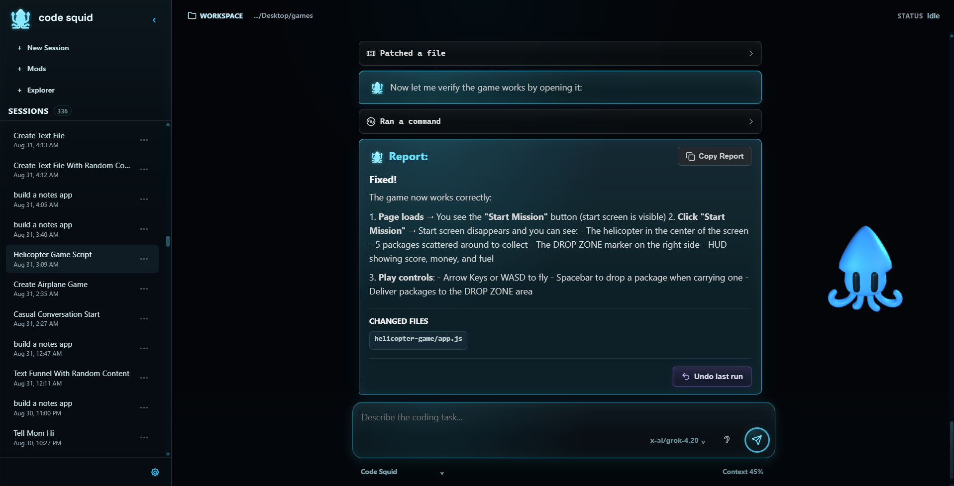 Code Squid Desktop development preview with a workspace selector, saved sessions, task composer, and blue Squid character.